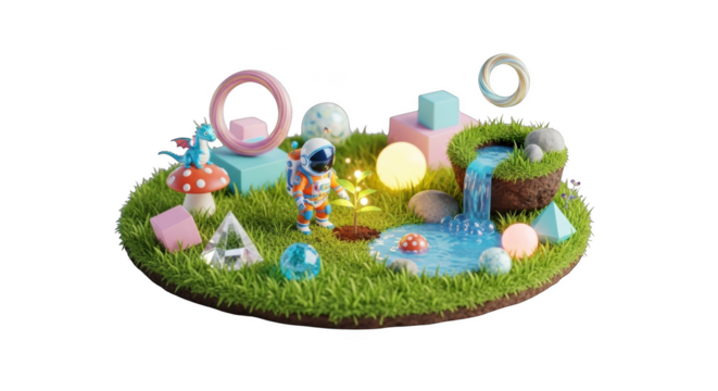 Whimsical Miniature World with Astronaut and Dragon on Floating Island (51