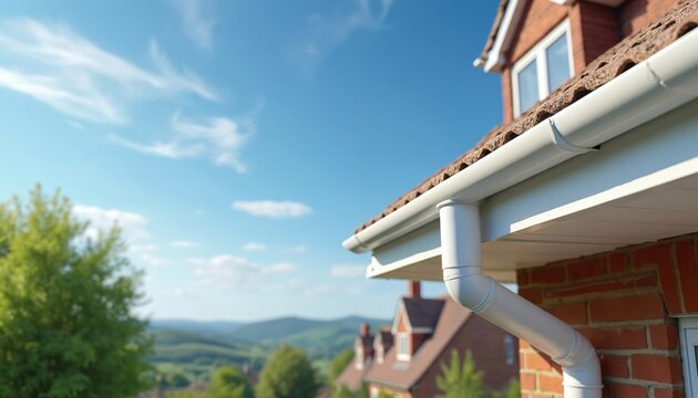 White plastic guttering system on brick house. New rainwater drainage gutter installed on residential building exterior with tile roof. Home roofline construction with clean downpipe, fascia, soffit.