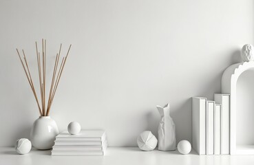 Minimalist interior shelf decor with white books, vase of incense sticks, and decorative spheres. Modern clean home style, neutral palette, calm atmosphere.