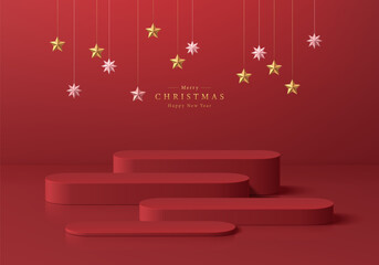 Fototapeta na wymiar Red round product podium 3D background with empty space. Christmas new year theme. Abstract composition minimalist design. Studio display showroom stands pedestal, Fashion stage showcase mockup scene.