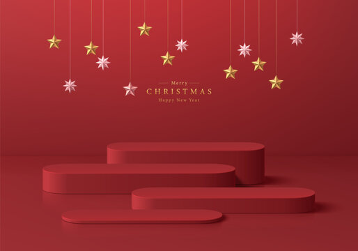 Red round product podium 3D background with empty space. Christmas new year theme. Abstract composition minimalist design. Studio display showroom stands pedestal, Fashion stage showcase mockup scene.