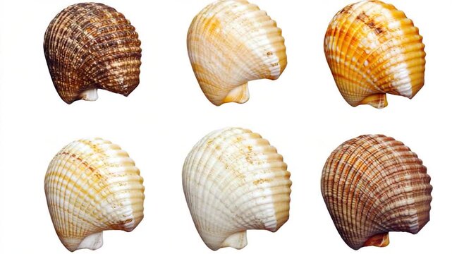 A collection of six different types of seashells on a white background