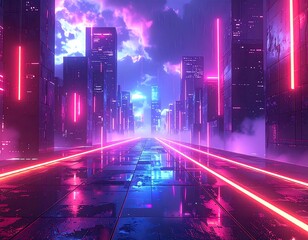 Futuristic city street reflecting neon lights during a stormy evening