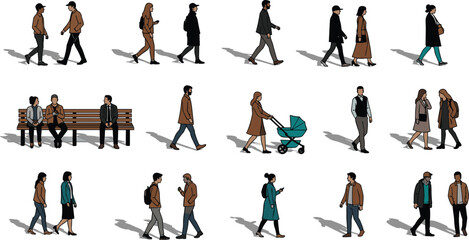 Vector people set, architectural entourage collection of casual men and women walking, sitting on a bench, using phone, and pushing a stroller, isolated 2D illustration.