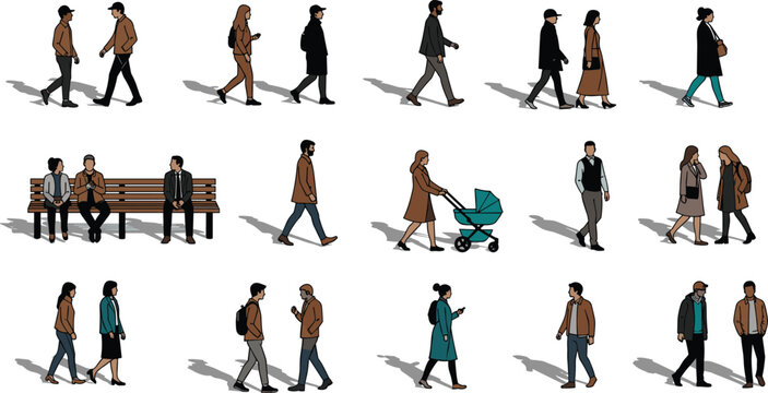 Vector people set, architectural entourage collection of casual men and women walking, sitting on a bench, using phone, and pushing a stroller, isolated 2D illustration.