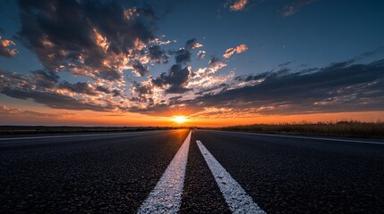 Stunning sunset over open highway beckons adventure and freedom, perfect for travel blogs, inspirational content, and expressing a sense of wanderlust