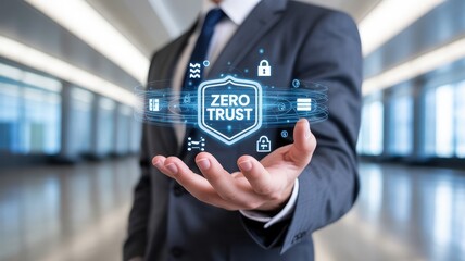 Businessman presents zero trust concept for cybersecurity in the office