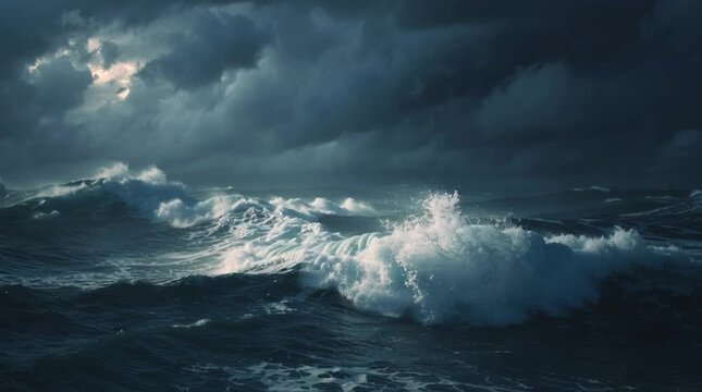 Dramatic ocean storm with dark thunderclouds, wild waves crashing violently, cinematic lighting