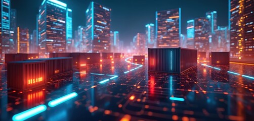 Digital cityscape displays shipping containers on circuit board paths. Neon lights reflect off wet ground, signifying tech dev. Future urban development, data flow visuals, abstract data centers.