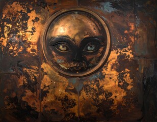 Copper face art, circular, textured, abstract background