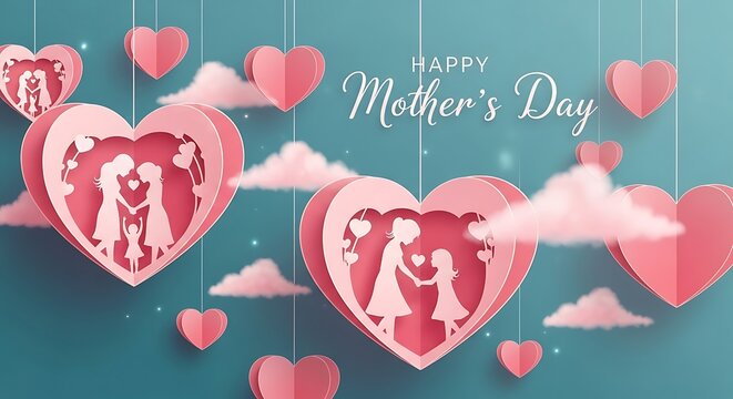 Elegant Mothers Day Decoration with Paper Cut Hearts and White Clouds on Teal Background Perfect for Greeting Cards and Social Media Designs Celebrating Family Love and Maternal Bonds