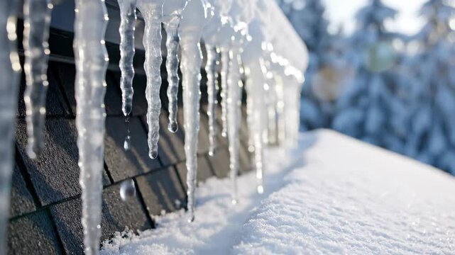 Close-up of icicles melting and dripping in the sun. Snow-covered roof on a bright winter day. Slow motion footage of a winter thaw