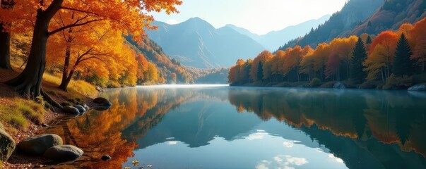 Crisp air, golden leaves reflected in still Echo Lake , reflection, golden