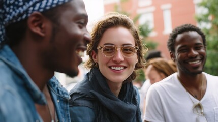 Smiles and laughter among friends during a sunny day in the city park