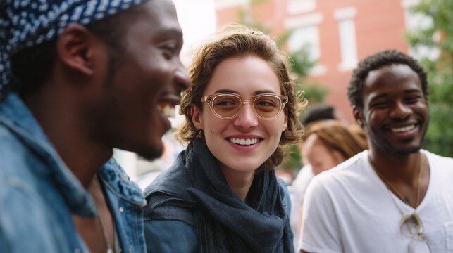 Smiles and laughter among friends during a sunny day in the city park