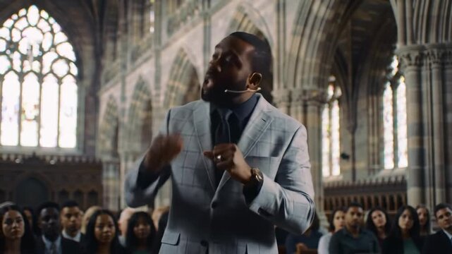 Preacher delivering a sermon in cathedral to an audience, suitable for religious content