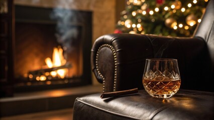 Relaxing fireside holiday scene with whiskey drink
