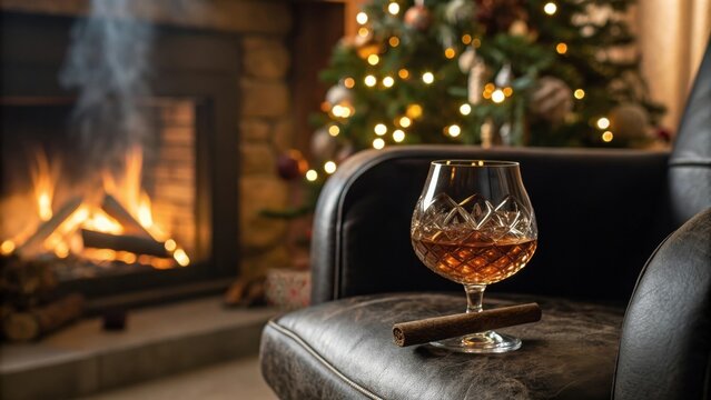Relax with whiskey and a cigar by the fireplace