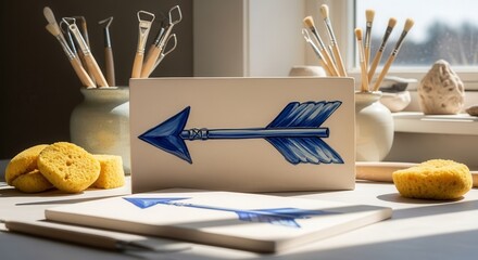 Artistic Display Of A Blue Arrow Ceramic Tile With Paintbrushes And Studio Tools