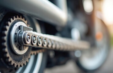 Motorcycle chain and sprocket detail. Close-up metal drive links and cog wheel. Part of rear wheel system lubricated for smooth operation. Transport mechanical element.