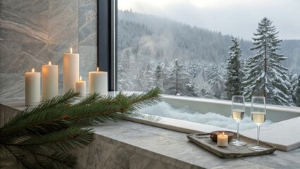 Relaxing winter spa day with champagne in snowy cabin