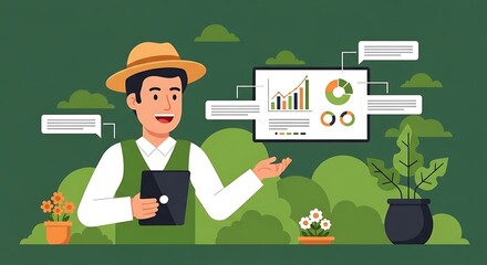 Farmer explaining statistics on a tablet screen in a garden setting