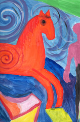 Fantasy horse on futuristic background. Hand drawn Gouache painting