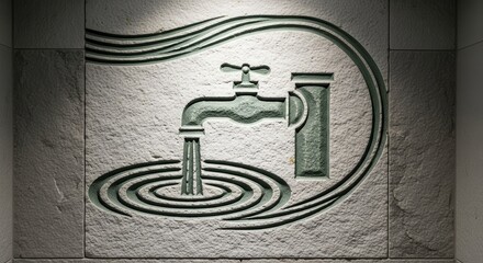 Artistic Representation Of A Water Tap Carved Into Stone With Flowing Liquids