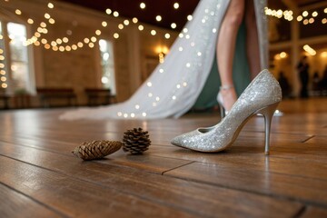 Elegant shoe & dress on wood floor, fairytale vibe