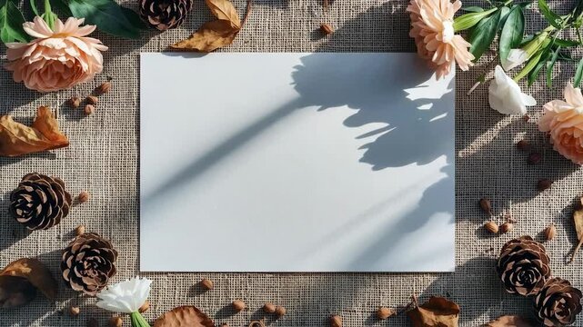 A white blank rectangular card or frame on a textured fabric background with natural elements like green leaves, white, purple, and orange flowers, and pine cones, with sunlight shadows.