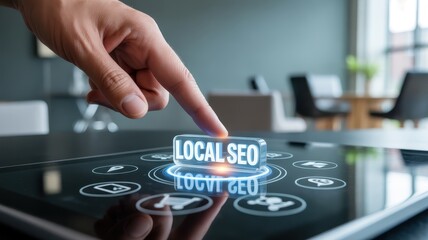 Finger touching local seo button on a digital tablet for business growth