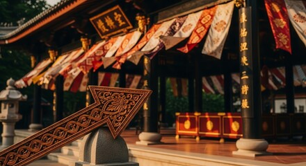 Asian Temple Architecture Decorated With Flags And Directional Wooden Carved Arrow