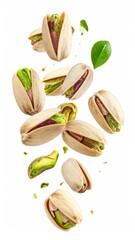 Pistachios fall, open shells, green nuts and leaf