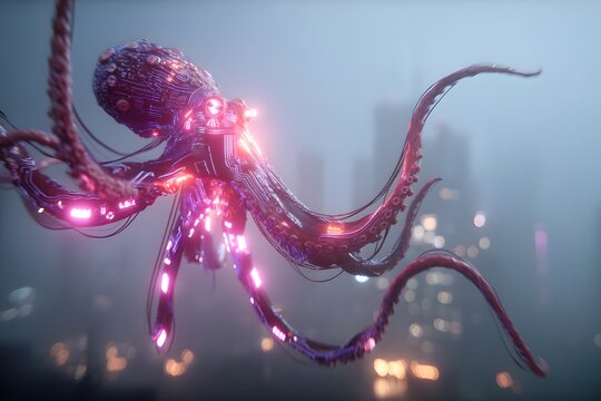Glowing octopus with a glowing tentacle is flying over a city. The image has a futuristic and otherworldly feel to it