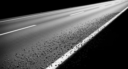 Asphalt Road Leading Into The Distance in Black and White, With Pebbles on the Edge.