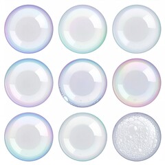 Nine iridescent soap bubbles, one filled with foam