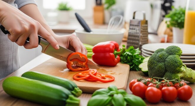 Close-up of a person slicing a fresh red bell pepper on a wooden cutting board surrounded by various vegetables. - Powered by Adobe