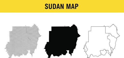 Obraz premium Vector set of Sudan map illustrations, including black silhouette, outline and dotted halftone styles, North African country geography for infographic design, isolated white background