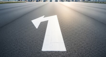 Asphalt Road Leading Towards Directional Arrow With Bright Sunlight Illuminating the View