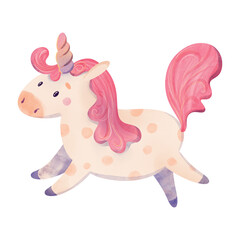 Cute watercolor unicorn illustration for children. Adorable baby unicorn with pink mane, golden horn and polka dots, running happily. Perfect for kids book, nursery decor, greeting card, sticker