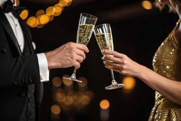 Elegant couple celebrating with champagne cheers
