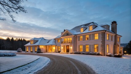 Elegant mansion glows in winter snow at twilight