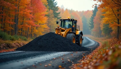Yellow bulldozer moves dirt on paved road. Autumn forest with colorful leaves surrounds the construction site. Seasonal roadwork prepares surface for new asphalt.