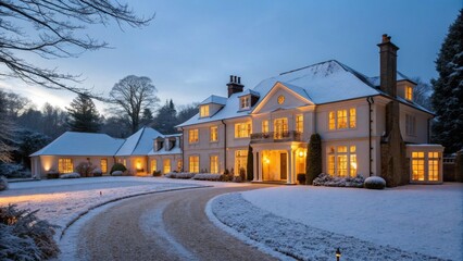 Luxury home glows amidst winter wonderland scene