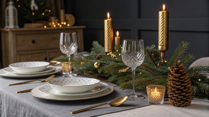 Elegant Christmas table setting with golden accents