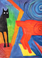 Fantasy horse on futuristic background. Hand drawn Gouache painting