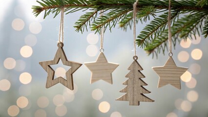 Elegant Christmas decorations on pine branch closeup