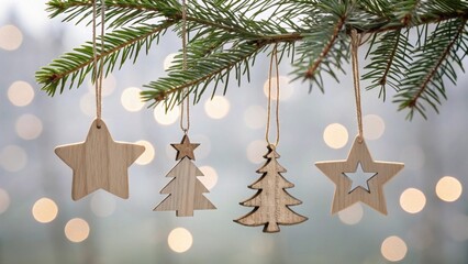Festive wooden star and tree ornaments sparkle softly