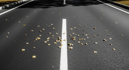 Asphalt Road Surface Displaying White Divider Line and Fallen Autumnal Leaves.