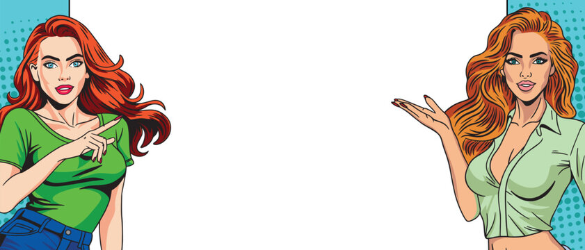 Two young, beautiful women in pop art style point to a blank banner. Pop art in comic book style.